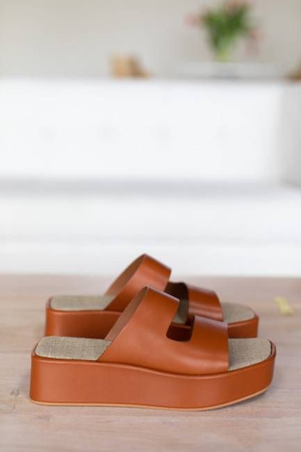 Platform Slide - Almond Leather
