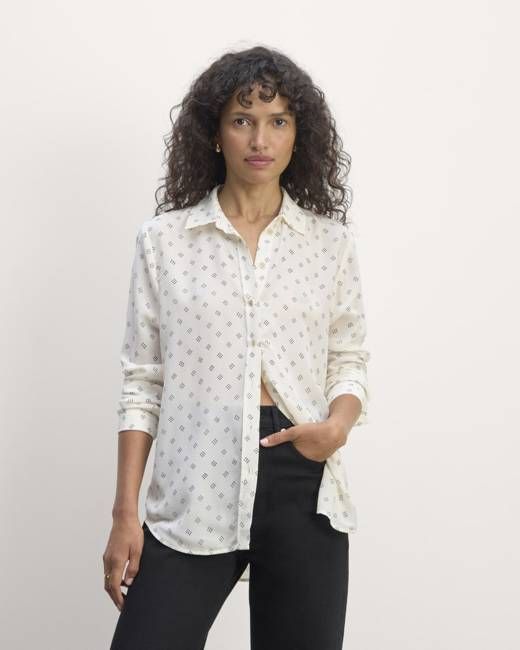 The Must-Have Shirt in Washable Silk | Bone / Black Square Dot