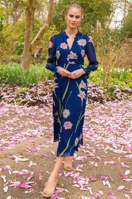 RHS Printed V Neck Chiffon Dress | Navy