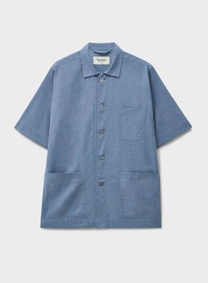 Recycled Cotton Chambray Sky Chipping Short Sleeve Overshirt