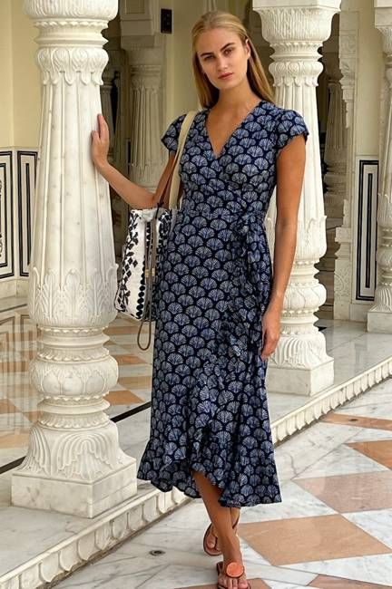 Demi Organic Cotton Wrap Dress | Shell Navy/White