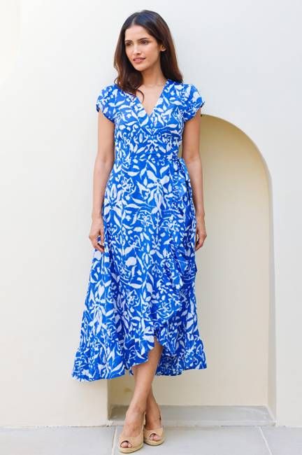 Demi Organic Cotton Wrap Dress | Cobalt/White