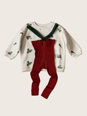 Set aus weihnachtlichem Stechpalmen-Pullover und Ahornblatt-Strumpfhose