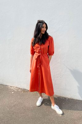 Michelle - Short Sleeve Shirt Dress - Red/Orange