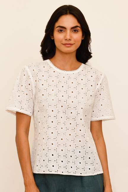 Broderie Cotton T-Shirt | Ivory