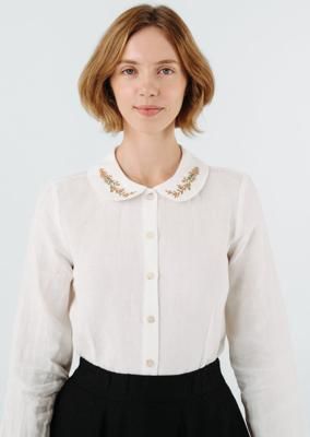 Classic Shirt with Embroidered Collar, Long Sleeve, White Magnolia