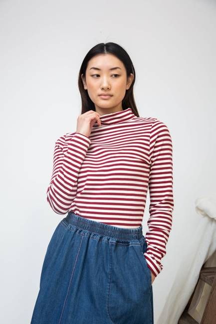 Pine-Sue Organic Cotton Stripe Jersey Top in Burgundy & Off White Stripe