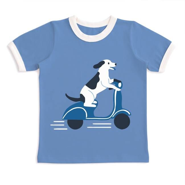 GRAPHIC Ringer Tee - Dog on Scooter Lake Blue