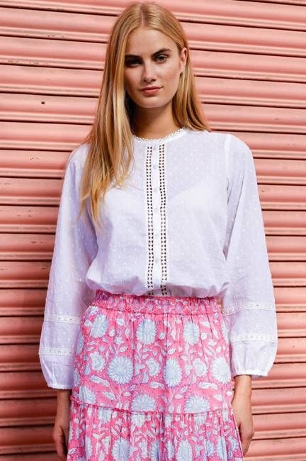 Cotton Dobby Lace Insert Blouse | White