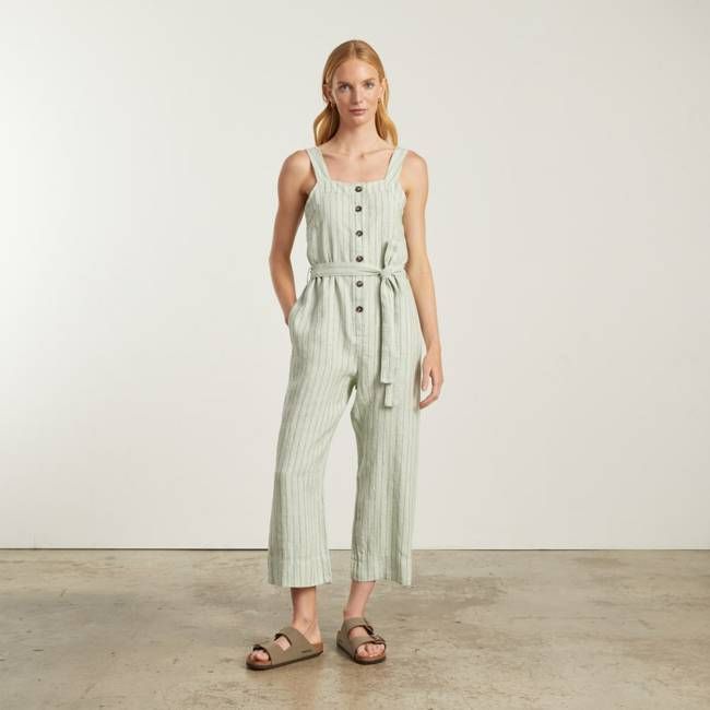 The Linen Jumpsuit | Seafoam Pinstripe