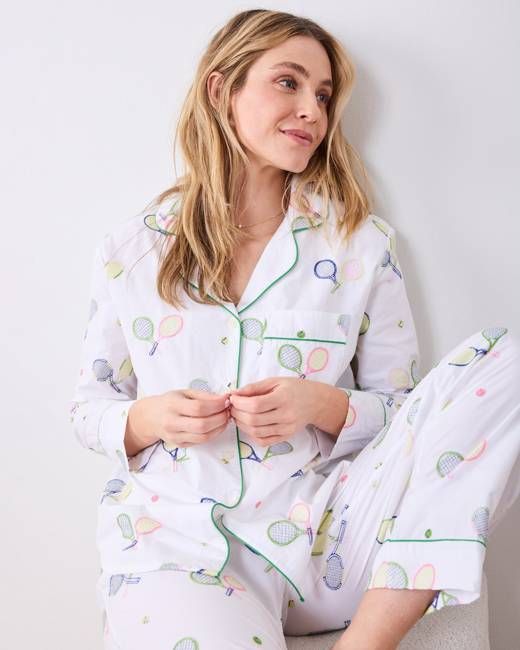 Embroidered Tennis Club - Long PJ Set - Cloud