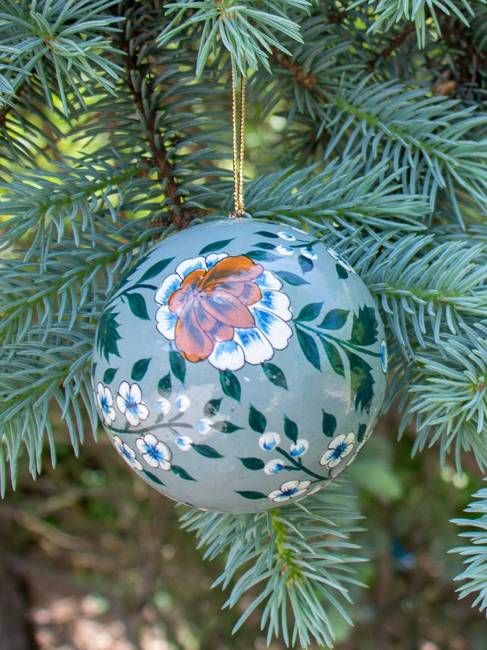 Sage and Cream Flowers Paper Mache Ornament