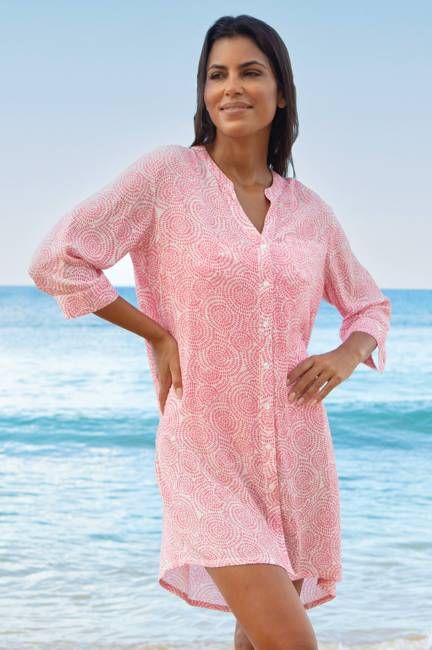 Mila Viscose Crinkle Shirt Tunic | White/Pink