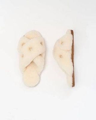 Beige - Sheepskin Slippers with Rhinestones - Limlim