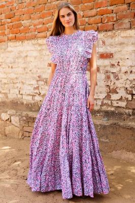 Rose Frill Maxi Dress | White/Green/Pink