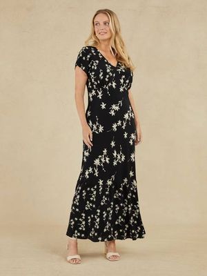 Julie - Cap Sleeve Maxi Dress - Black Floral Print