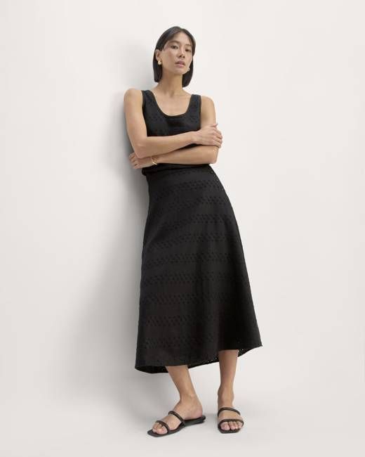 The Linen Eyelet Midi Skirt | Black Eyelet