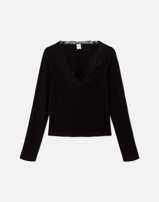 Lace V Neck Long Sleeve - Black