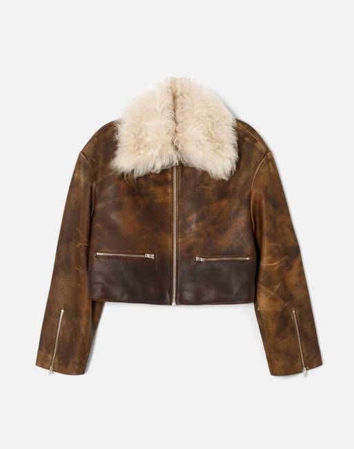Distressed Aviator Shearling Jacket - Brown