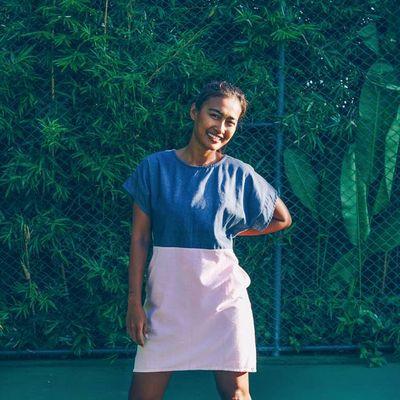 Jurk - re-denim + roze katoen