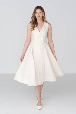 Rosa — Midi-Leinenkleid mit Doppelknopf-Vorderseite