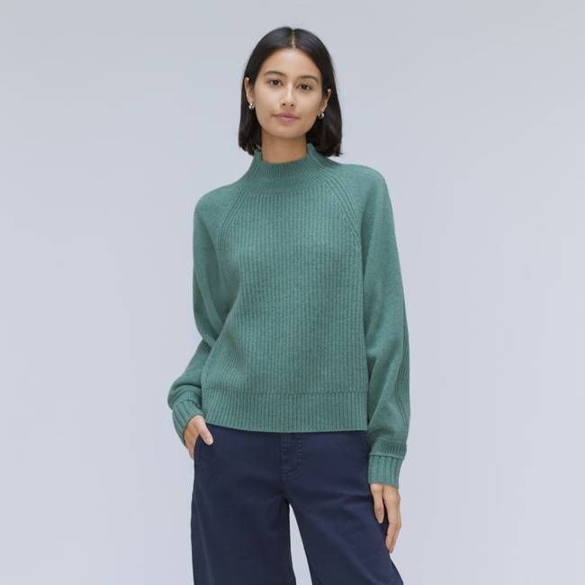 The Cashmere Ribbed Turtleneck | Heathered Dusty Aqua