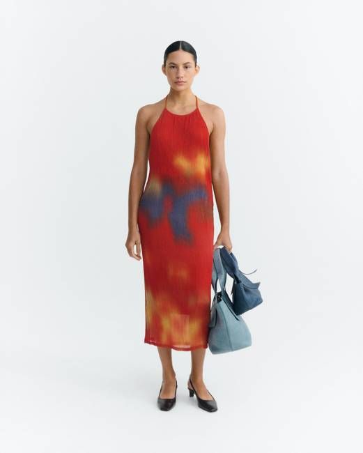 Pleated midi dress red flowers Miriam