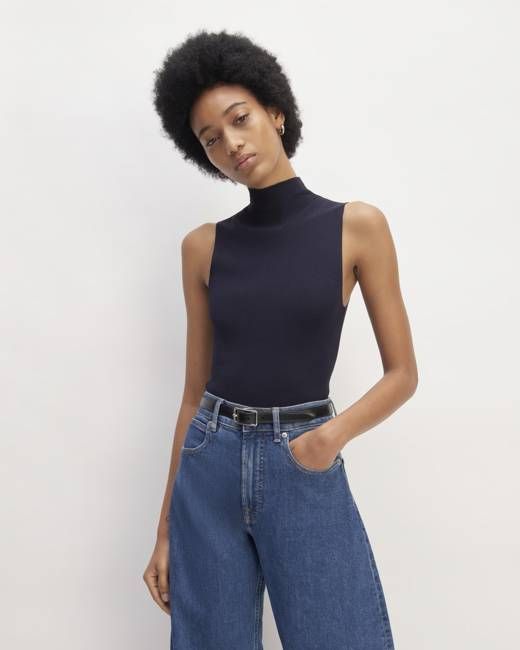 The Viscose Mock Neck Top | Navy