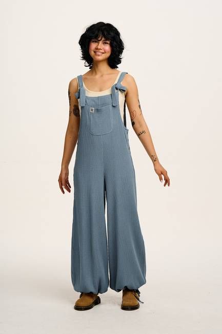 Ali - Wide Leg Waffle Cotton Dungarees in Blue Mist