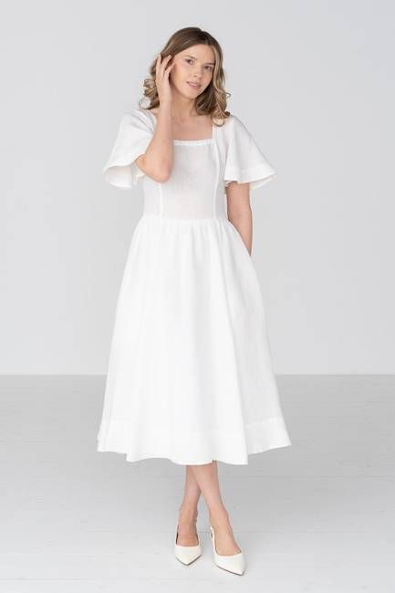 Nora – Square Neck Linen Dress with Butterfly Sleeves