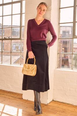 Metallic top, Corduroy skirt & Boots