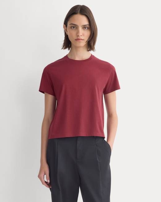 Everlane The Box-Cut Tee in Essential Cotton — Cabernet — No Pocket