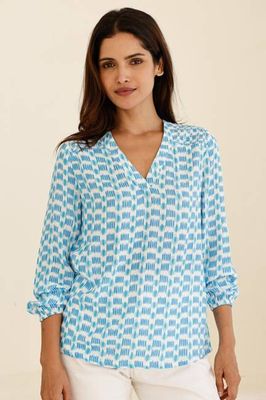 Clea Viscose Crinkle Blouse | Ikat White/Turquoise