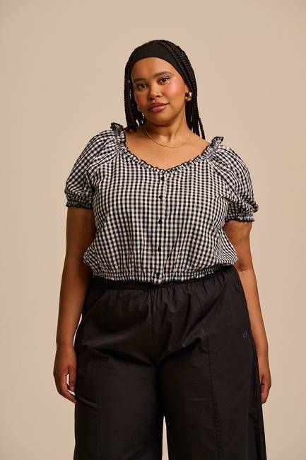 Sage - Cotton Puff Sleeve Blouse in Black & White Gingham