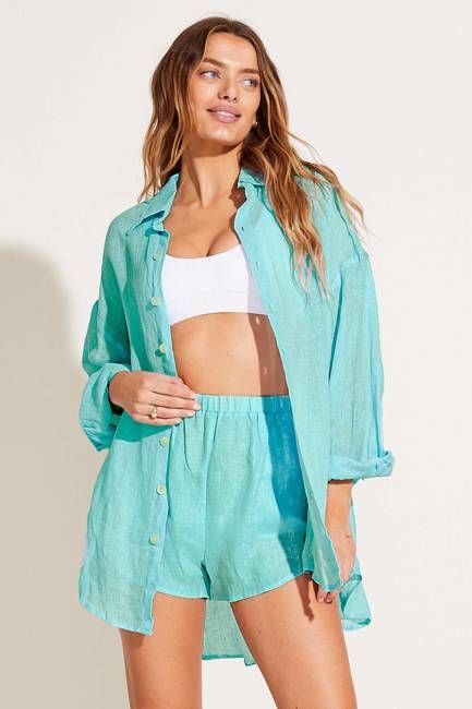 Playa Linen Boyfriend Shirt - Aqua EcoLinen
