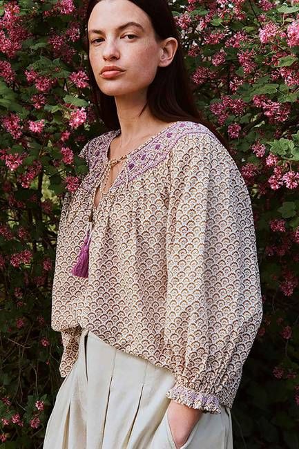 Alina Floral Printed Smocking Top Brown