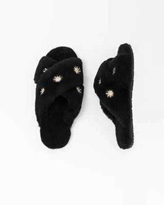 Black Sheepskin Slippers with Rhinestones