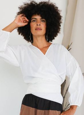 Paige Wrap Top, white poplin