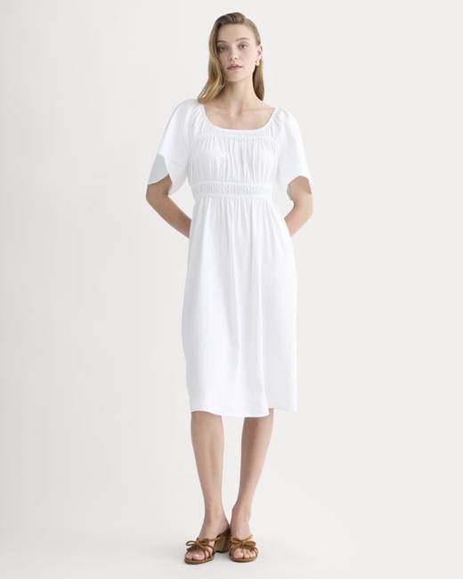 The Flutter-Sleeve Dress in Stretch Linen | White