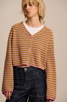 Robyn - V-Neck Cotton Cardigan in Green & Pink Stripe