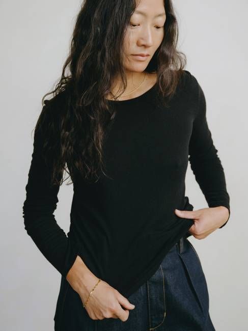 Classic Long Sleeve, Regen Silk Noil Jersey, Black