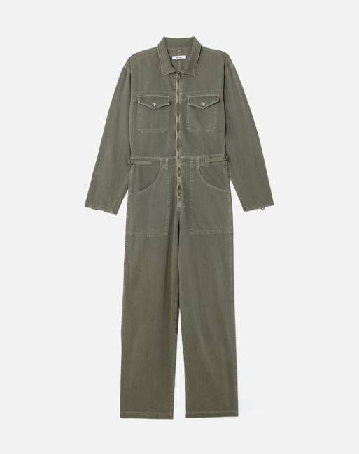 Zip Front Military Jumpsuit - Washed Military