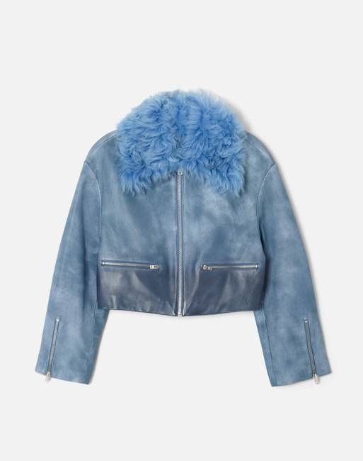 Distressed Aviator Shearling Jacket - Stone Blue
