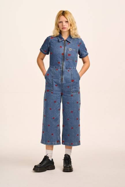 Ragan - Denim Jumpsuit in Mid Wash with Cupid Hearts