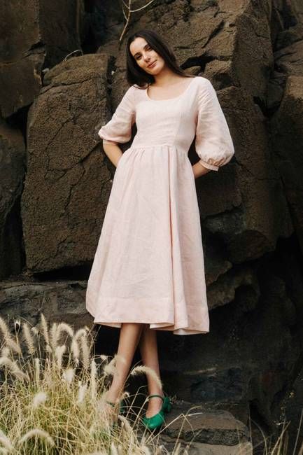 Carmen – Puff Sleeve Linen Midi Dress