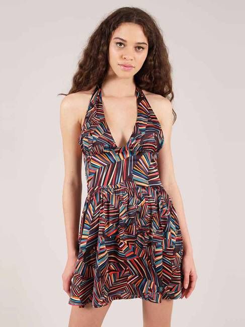 Beachy Halter Neck Mini Dress, Upcycled Viscose, in Colourful Print