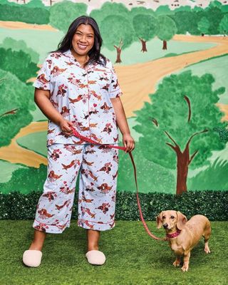 Dachshund Date - Short Sleeve Top & Cropped Pants Set - Pale Blue