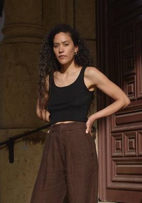 Crop Pointelle Scoop Tank Black