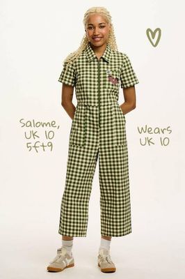 Ragan - Cotton Jumpsuit in Green Gingham with Strawberry Embroidery