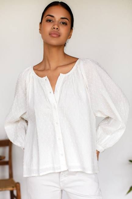 Frances Blouse - Dot Stripe Ivory Organic